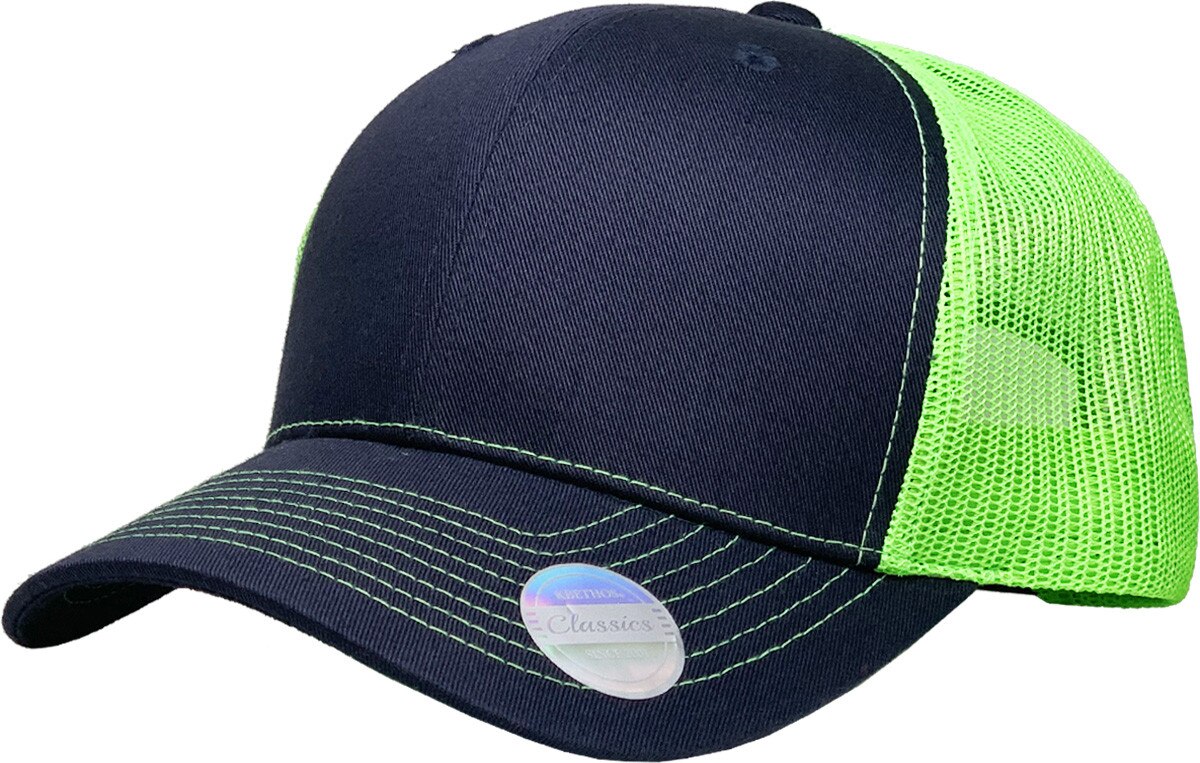 Navy Blue Neon Green Two Tone Classic 6 Panel Trucker Mesh Snapback Front Side View